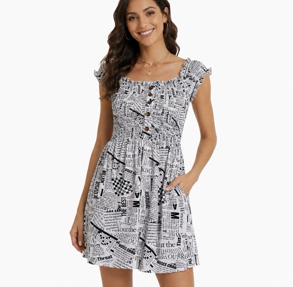 Newspaper Print Stretch Mini Dress Women's XL Black White LoveUniversity